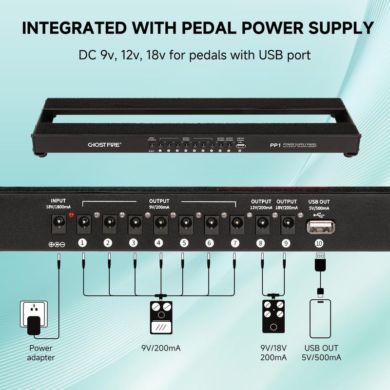 GHOSTFIRE Ghost Fire Small Guitar Pedal Board with Built-in Isolated Power Supply 19.3''x5.1'' Portable Aluminum Alloy Effect Pedalboard with Carry Bag,PP series (PP1) - Image 3